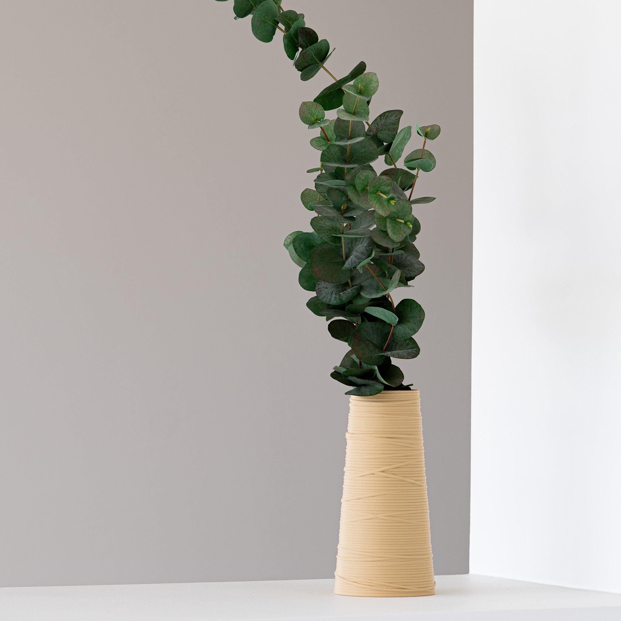 Beige textured vase with eucalyptus on a neutral background